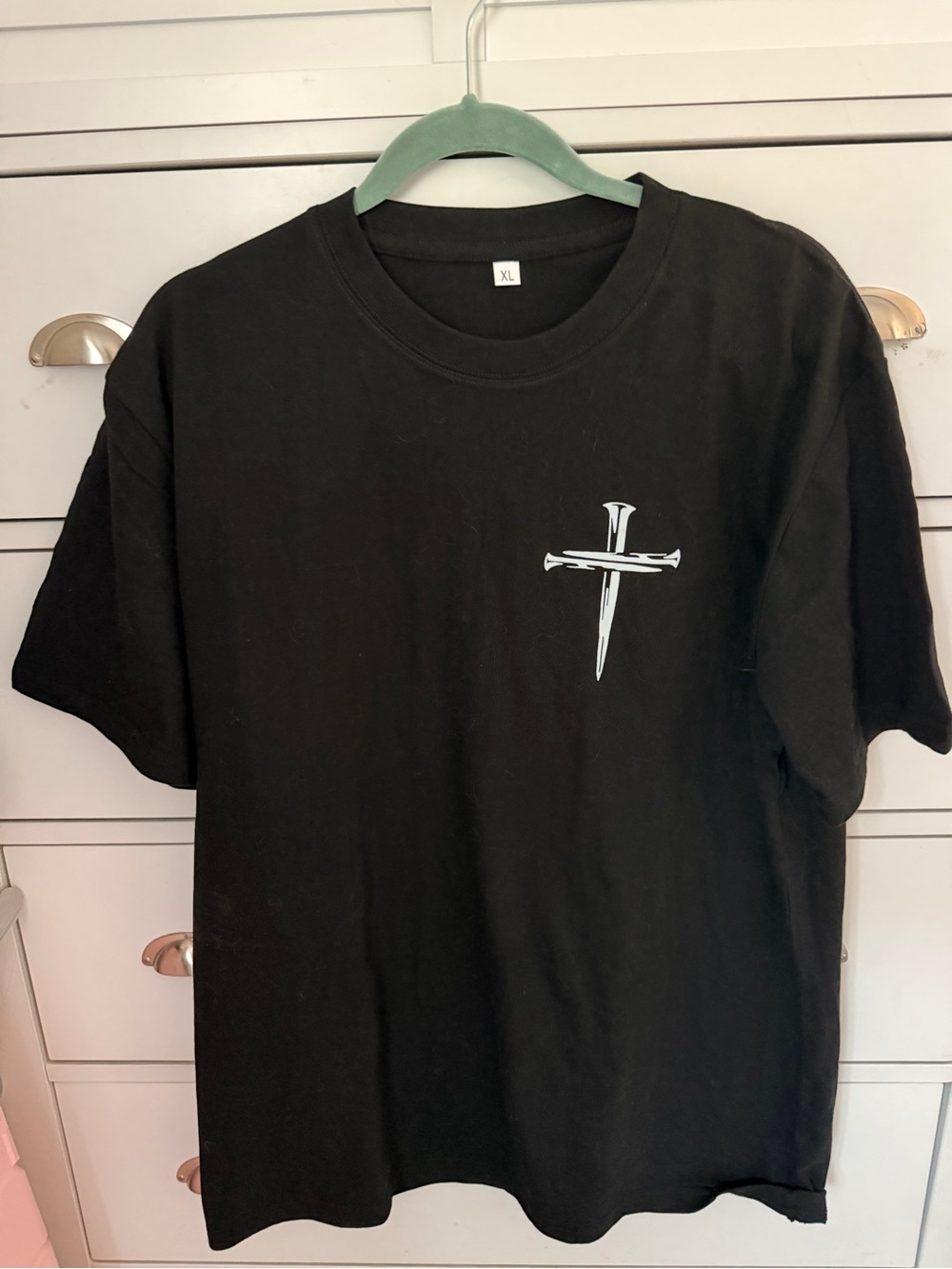 Black Graphic Crew Neck T-Shirt with Cross Nail Design